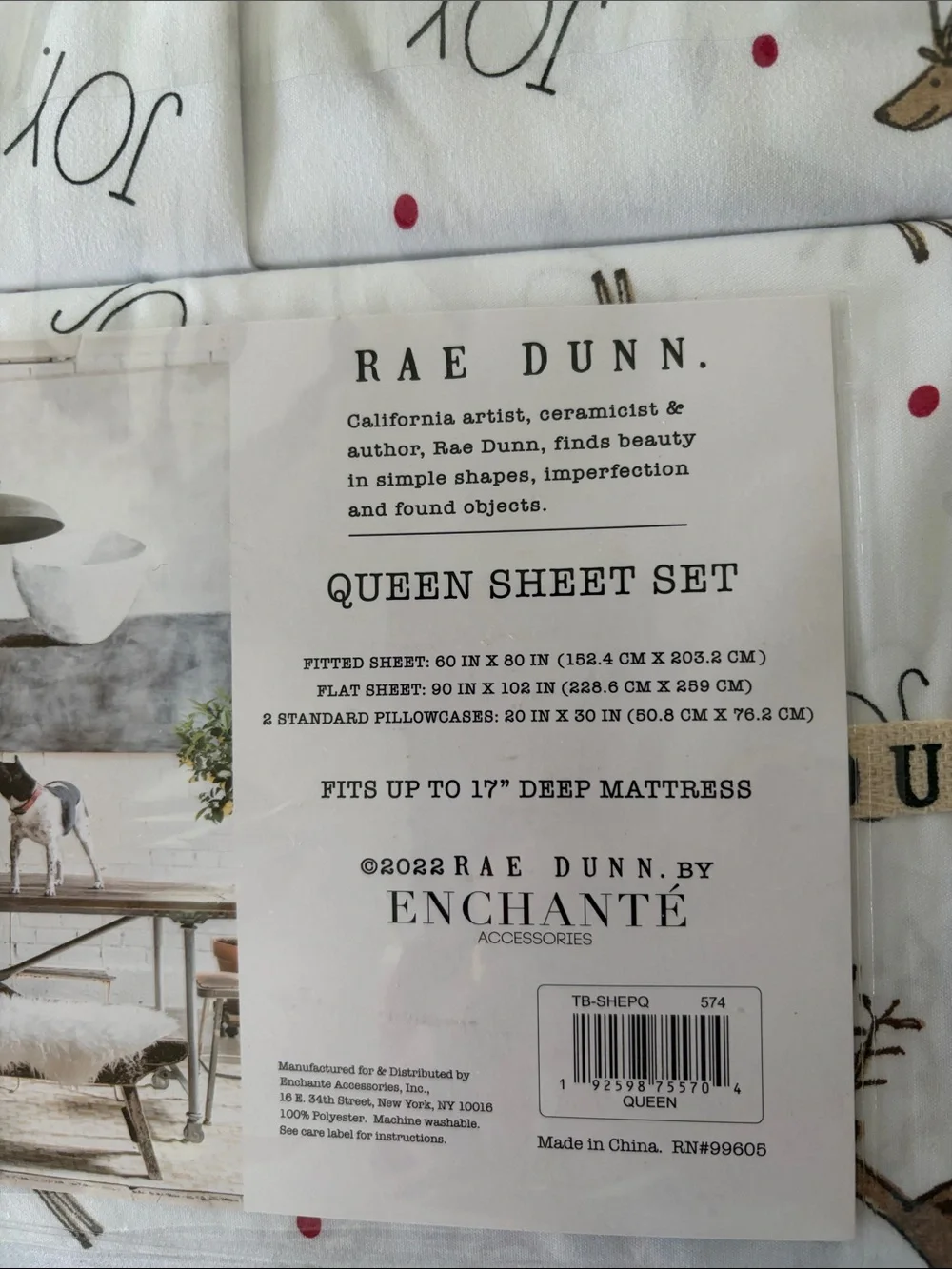 NWT. Rae Dunn White Queen Sheet Set with Reindeer.